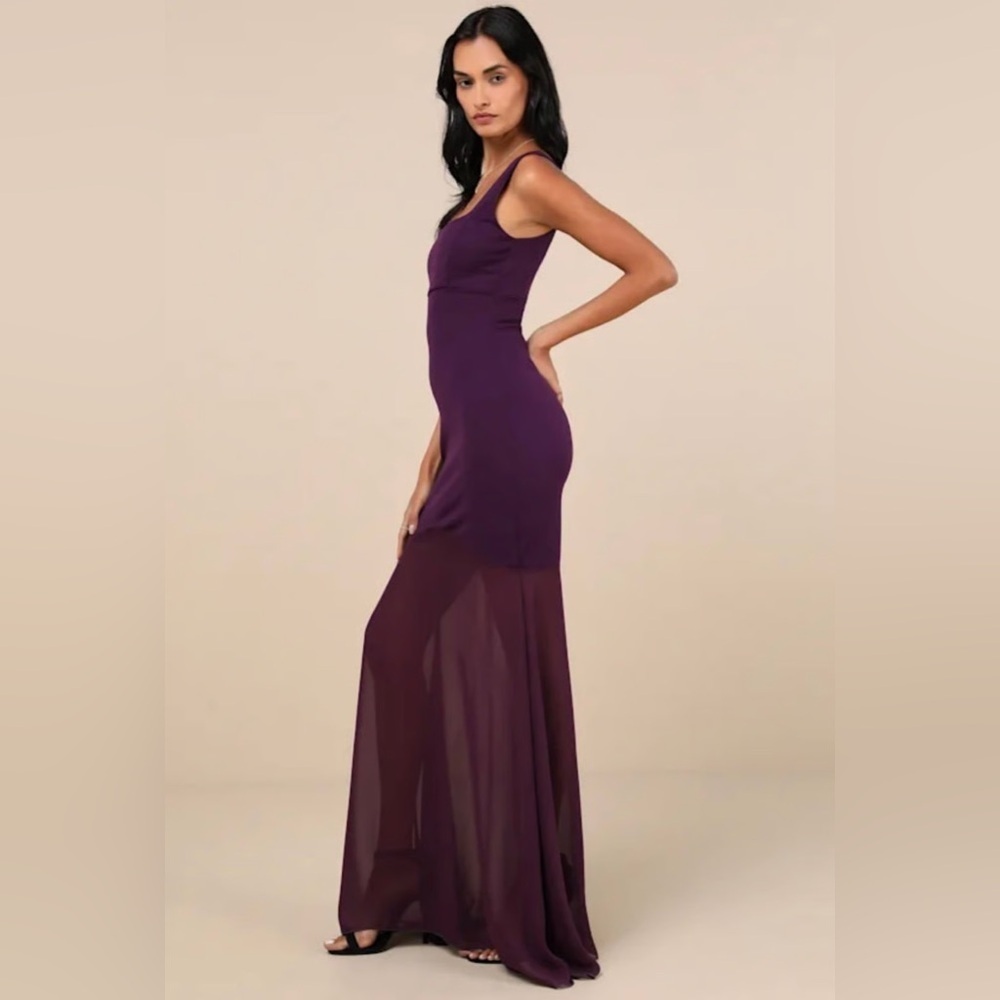 Lulu's Sincerely Exemplary Eggplant sleeveless trumpet hem maxi dress